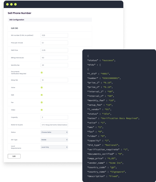 Code snippet showing API integration for programmatic access to telecom services